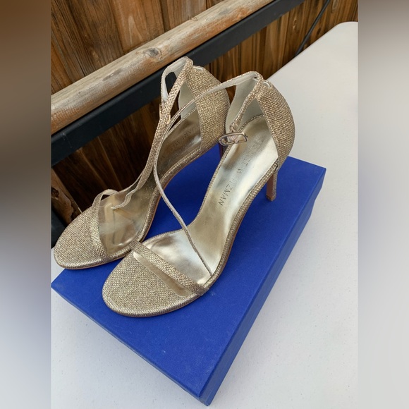 AUTHENTIC STUART WEITZMAN NUDISTSONG 4" STRAP SANDAL HEEL PLATINUM Noir 9.5 - Picture 2 of 12